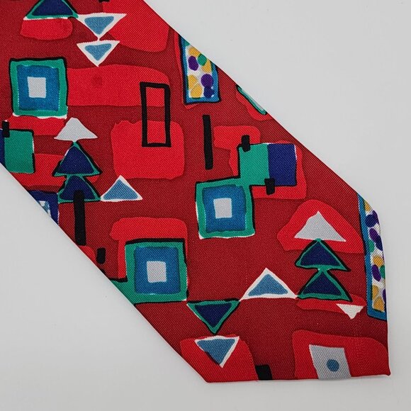 Oscar de la Renta Necktie Silk Holiday Geometric Red Green 61" L 3.75" W - Picture 2 of 6